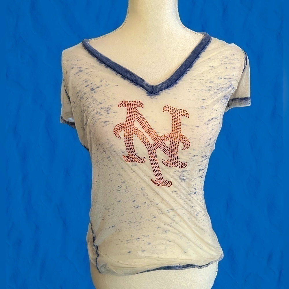 NY METS DESIGN, Touch by Alyssa Milano! Decorated tee shirt, S, semi sheer.